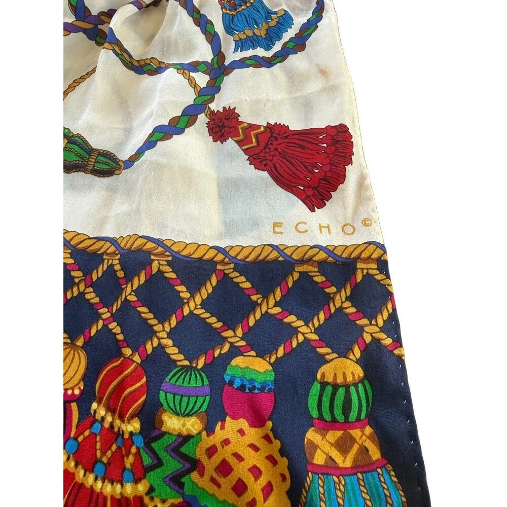 Echo Womens Silk Rectangle Tassel Rope Printed Scarf White Multi 57” X 11” EUC